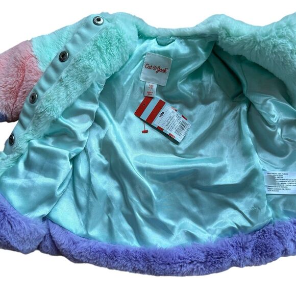 Cat and Jack Rainbow Faux Fur Jacket Pastel Baby Girl 12M NWT - Picture 3 of 5
